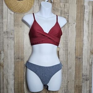 CUPSHE Swimsuit Bikini Top Wrapped Front Shiny Fabric Widen Band Pullover XS